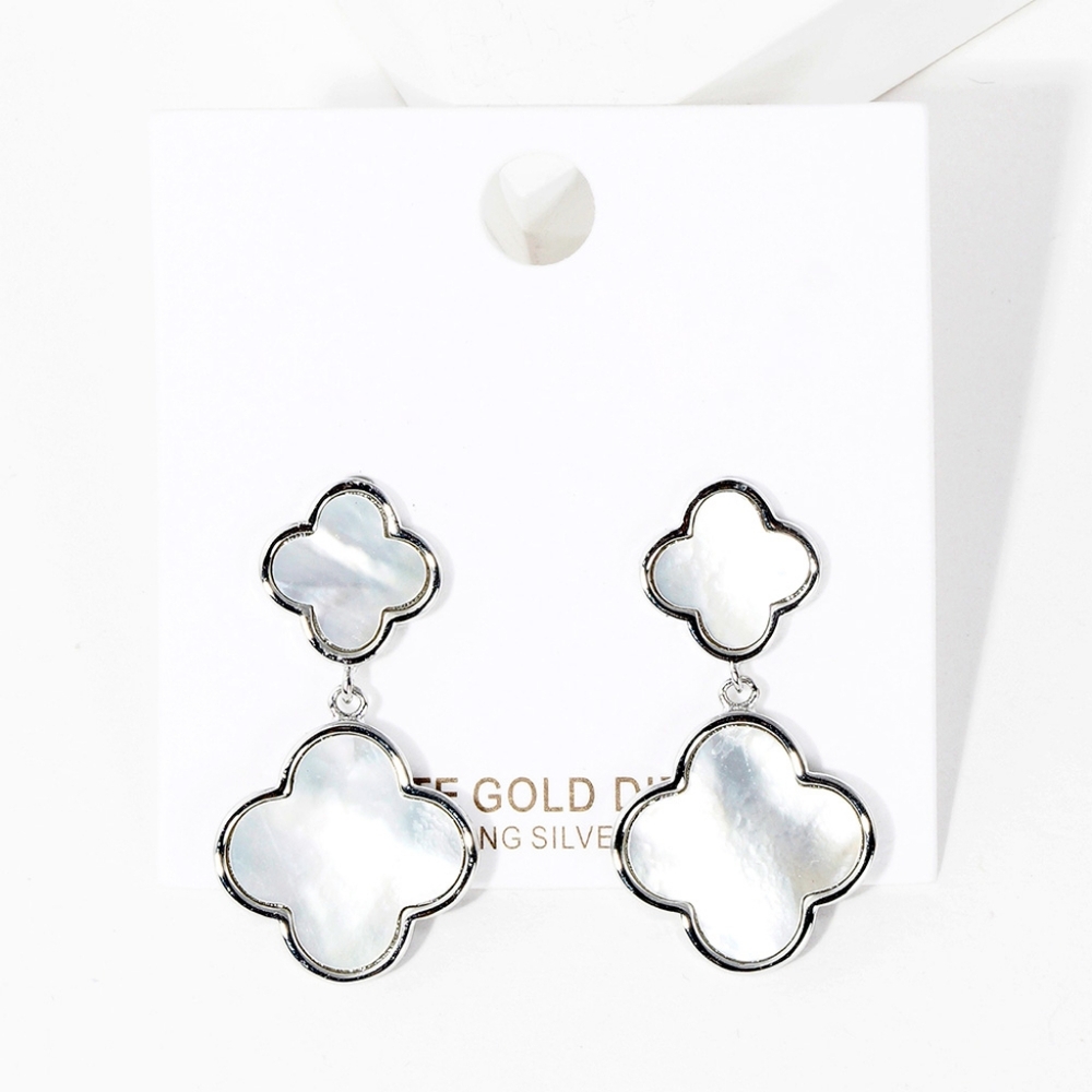 Silver Dipped Double Quatrefoil Drop Dangle Earrings 1.25" Casual Clover Jewelry
